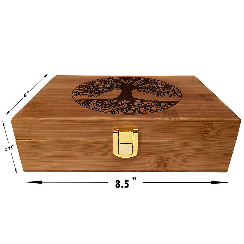 Diseño grabado caja de almacenamiento de madera de bambú reciclable decorativa casera del árbol