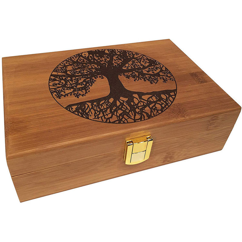 Diseño grabado caja de almacenamiento de madera de bambú reciclable decorativa casera del árbol